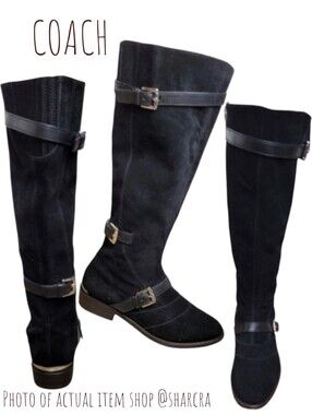 Coach Women Lawrencia Knee High black suede leather equestrian Riding Boots 5.5
